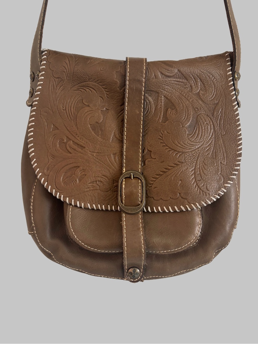 Patricia Nash Brown Tooled Leather Saddle Bag with Whipstitch Trim